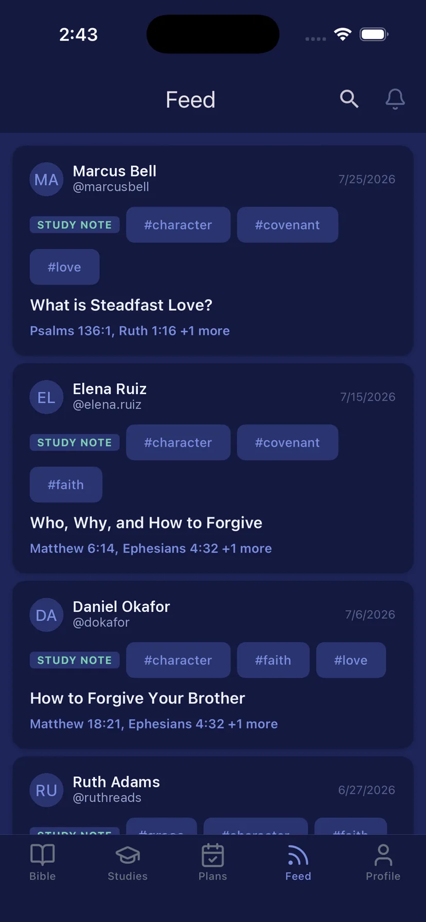 Community feed on iPhone with published study notes and hashtags