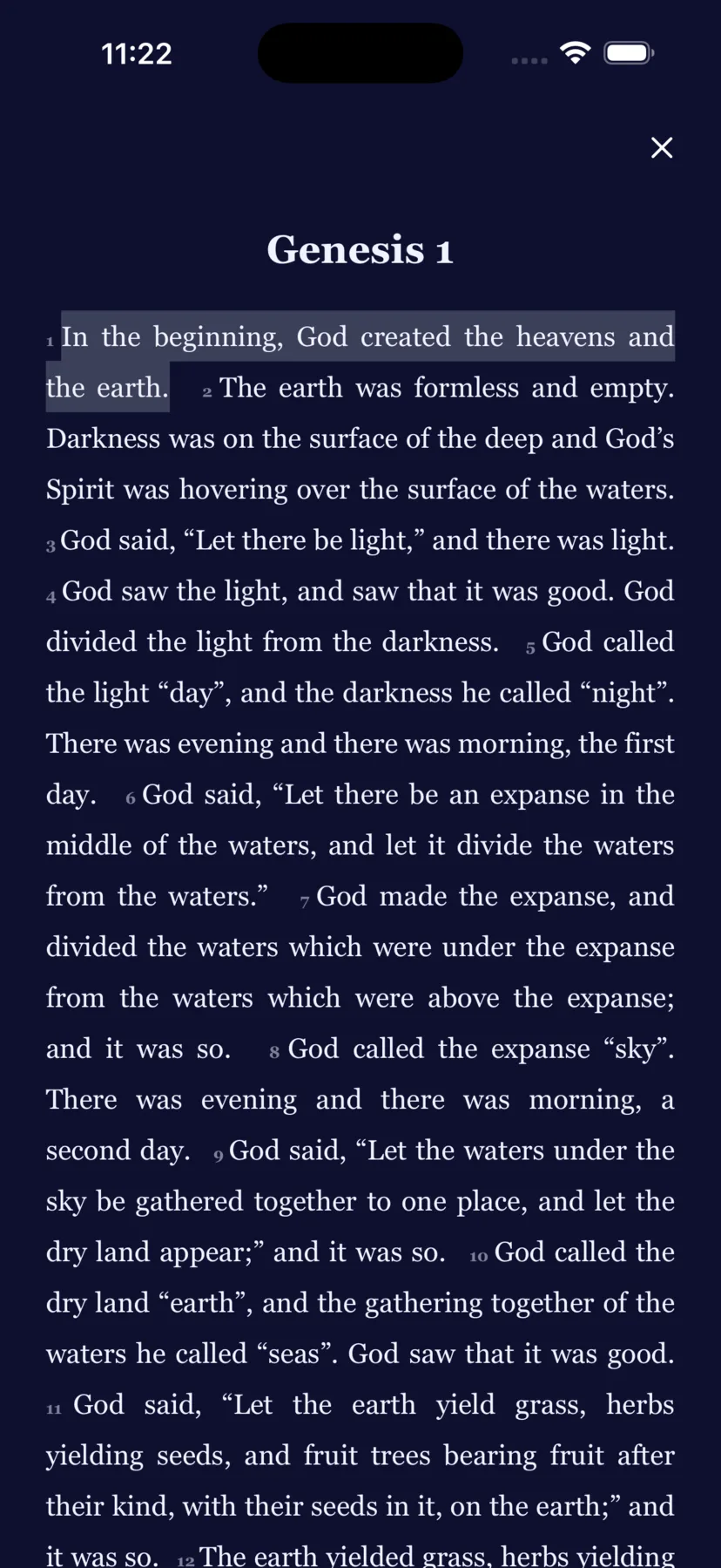 Immersive reading mode on iPhone showing Genesis 1 with every control hidden