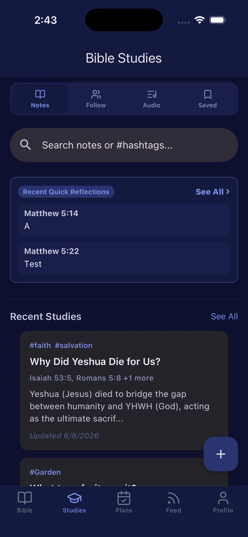 Bible Studies screen on iPhone with note search, quick reflections and recent studies