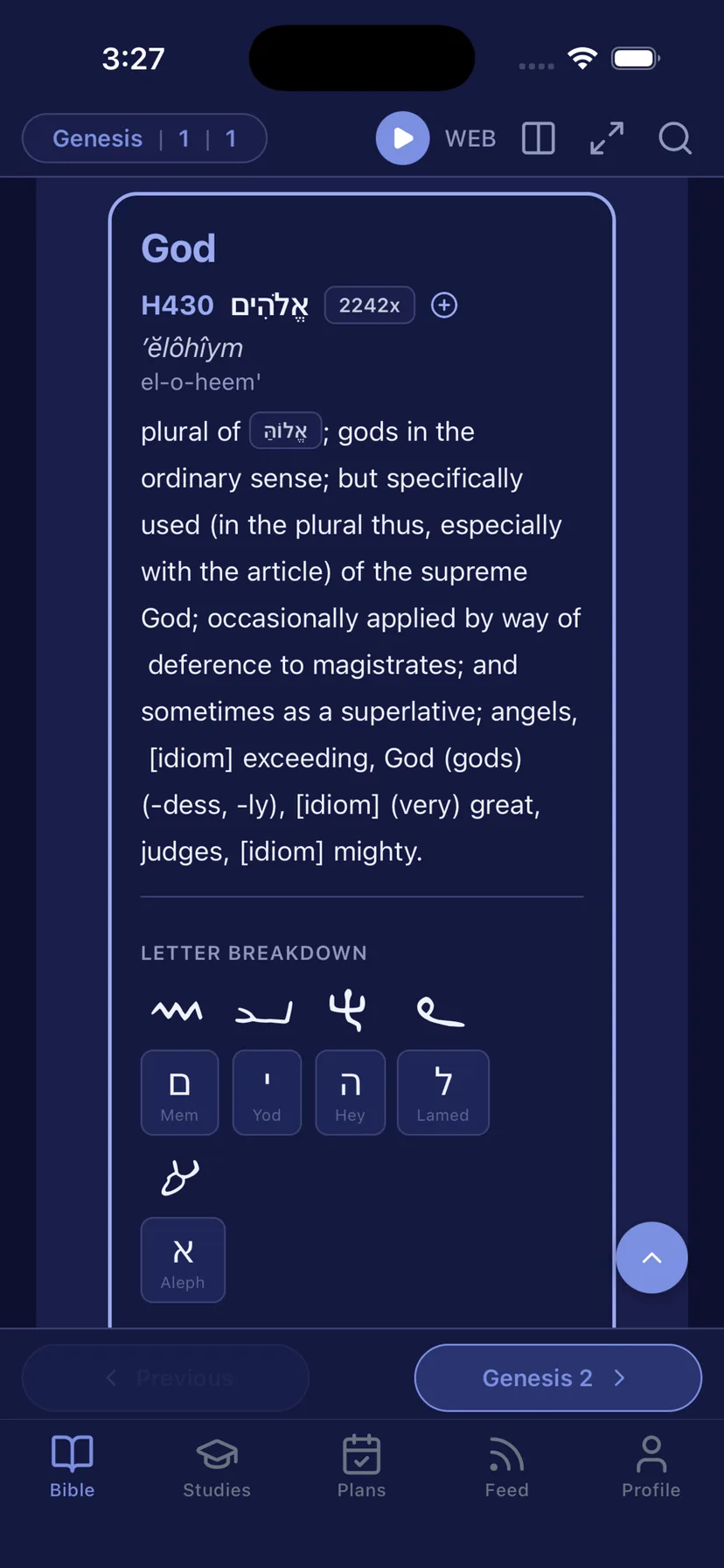 Word study on iPhone for God, Strong’s H430, with the Hebrew letter breakdown