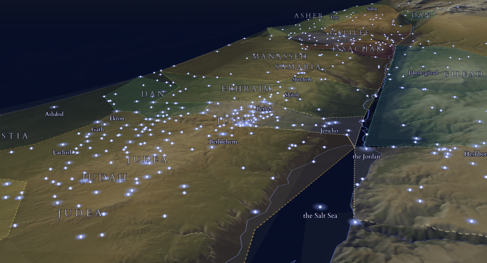 3D map of ancient Israel showing the territories of Judah, Ephraim, Manasseh and Dan, Bethlehem, Jericho, the Jordan River and the Salt Sea